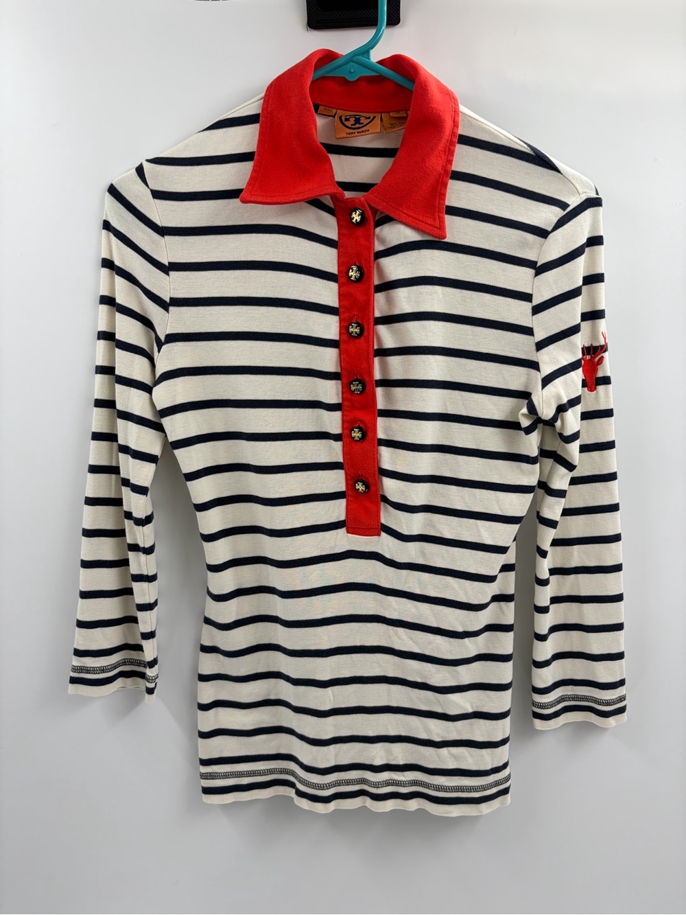 Tory burch polo long sleeve stripped orange pima cotton button up shirt size xs